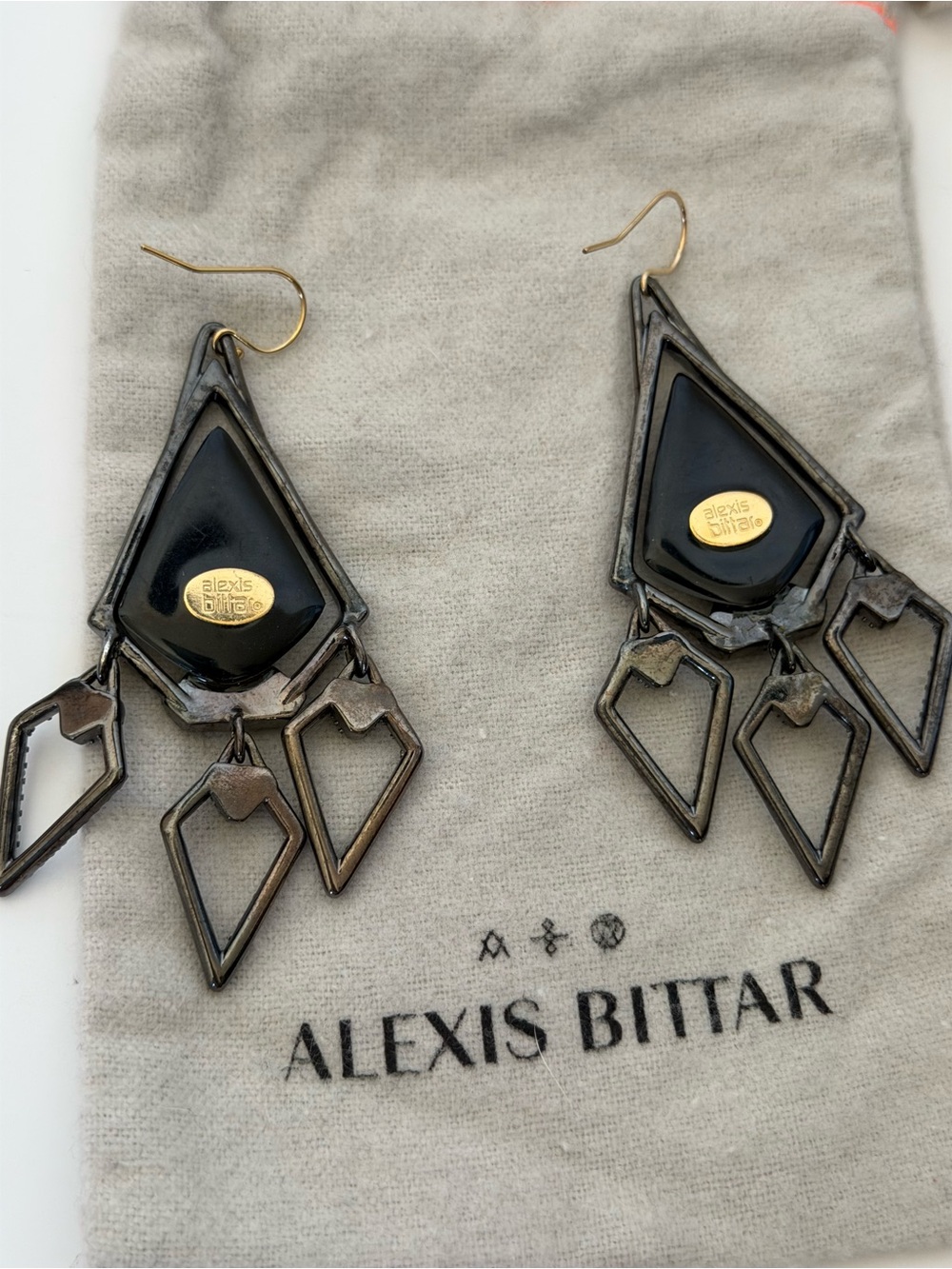 Alexis Bittar oxidized metal & crystal pave & mop Geometric Chandelier Earrings - Picture 5 of 6